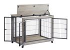 Furniture Style Dog Crate Side Table on Wheels with Double Doors and Lift Top - Grey