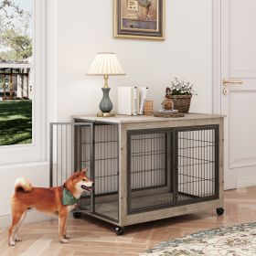 Furniture Style Dog Crate Side Table on Wheels with Double Doors and Lift Top - Grey