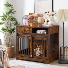 Sliding door dog crate with drawers. 35.43'' W x 23.62'' D x 33.46'' H - Rustic Brown